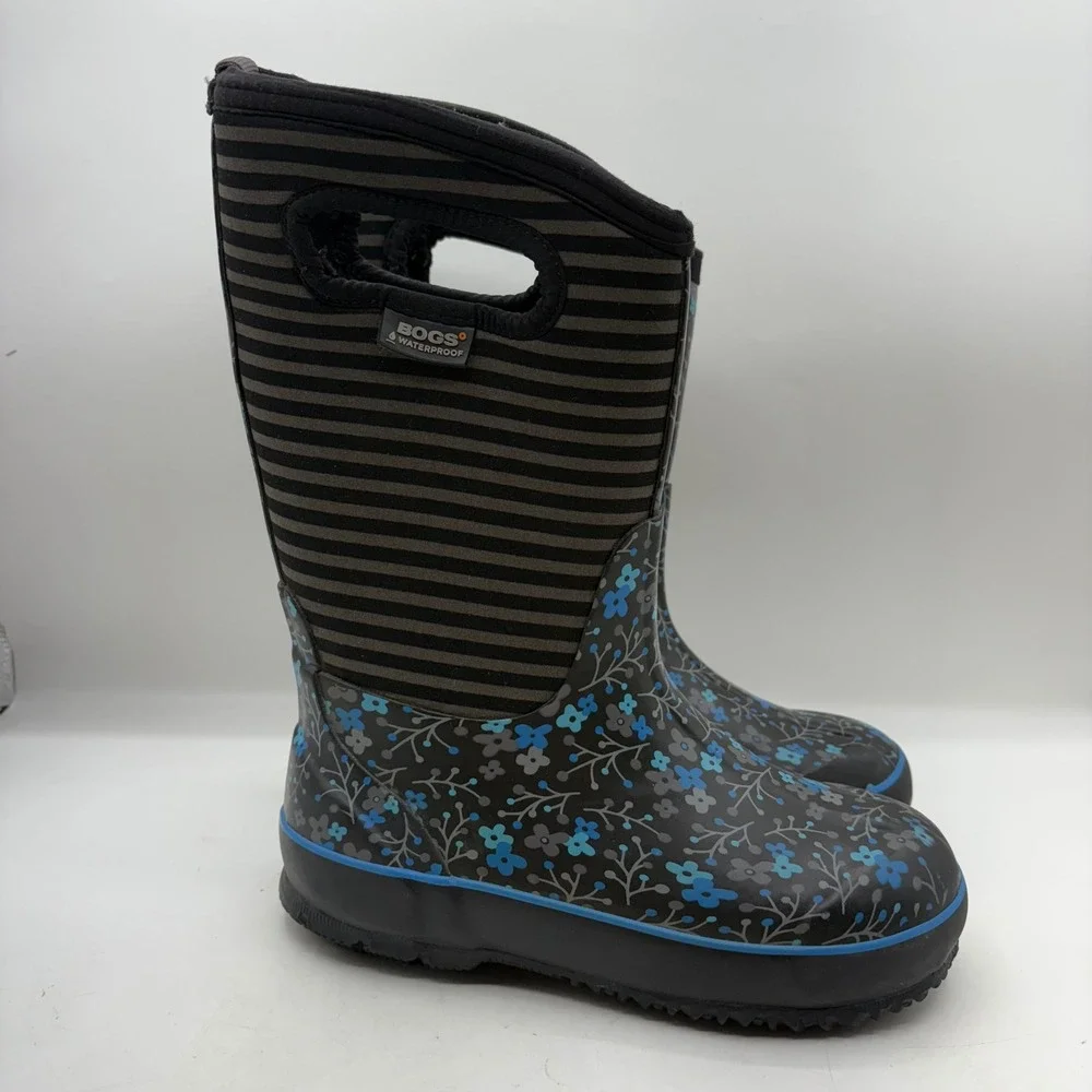 BOGS Classic Flower Stripes Waterproof Insulated Rain Boots‎ Kids Youth Size 2